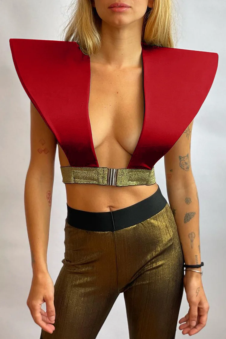 Ciciful Geometric Exaggerated Shoulder Red Crop Vest