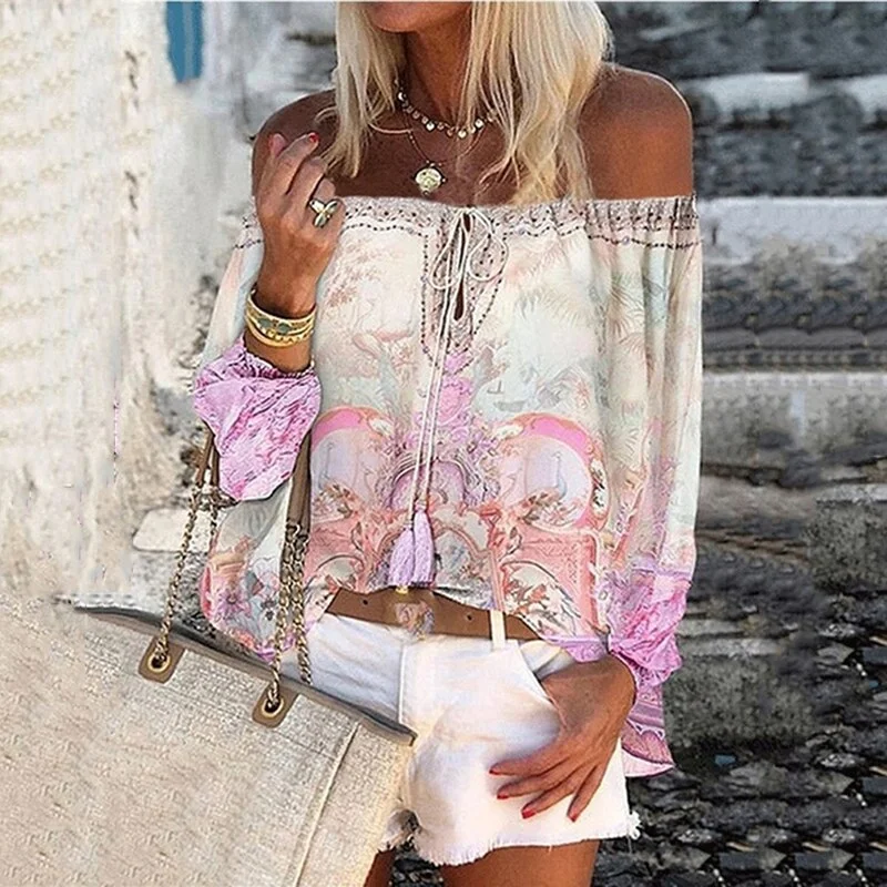 Women Blouse Shirt Off Shoulder Floral Print Blouse Shirts Lace-up Hollow Top Vintage Flare Sleeve Ladies Office Blouses