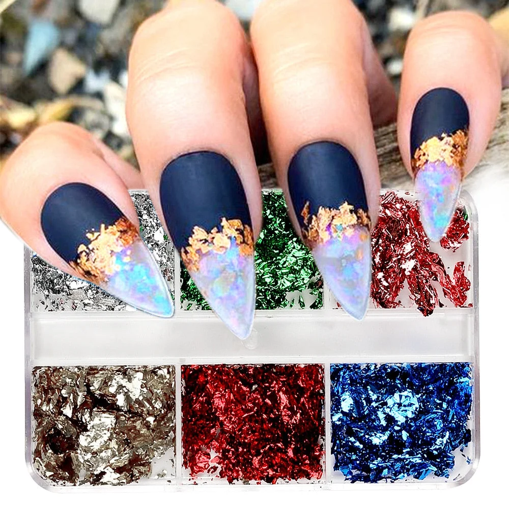 6 Grids Sparkly Foil Nails Sequins Irregular Aluminum Gold Red Summer Design Set  Mirror Chrome Glitter Flakes Gel DIY Manicure-Nail Inspo