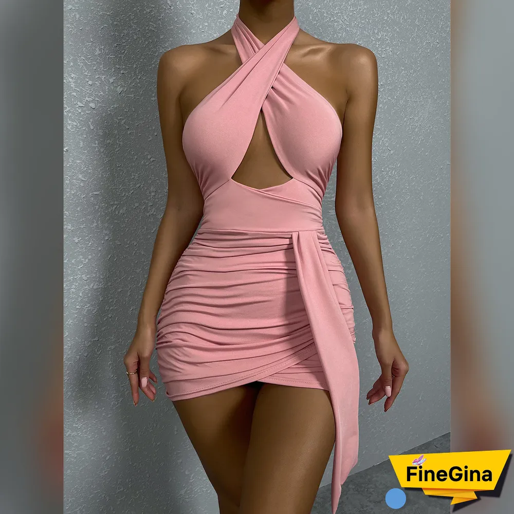 Rope Wrapped Hip Y2k Dress Women Sexy Cross Neck Open Back Pleated Dress Vestidos De Mujer
