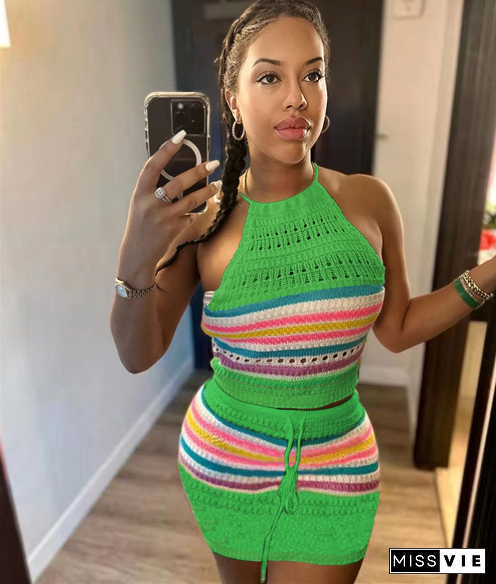 Knitting Striped Halter Backless Tops 2 Piece Skirt Sets