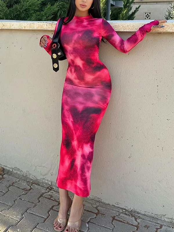 Tie-Dyed Split-Joint Long Sleeves Bodycon Round-Neck Maxi Dresses