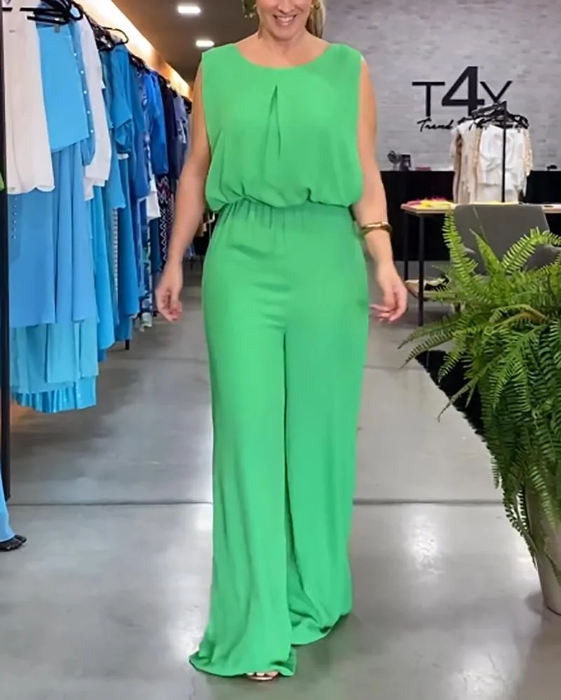 Solid color sleeveless jumpsuit with tassels on the back