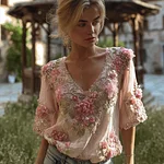 Vintage Bohemian Pink Floral Linen Casual V-neck Short Sleeve - Image 2