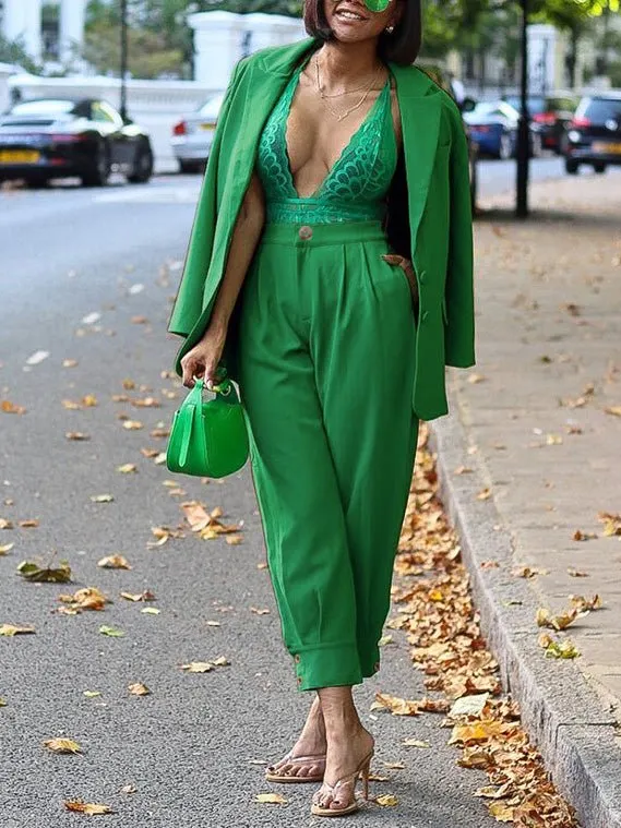 Sets Lapel Button Long Sleeve Blazers & Pants Two Piece Set for Women