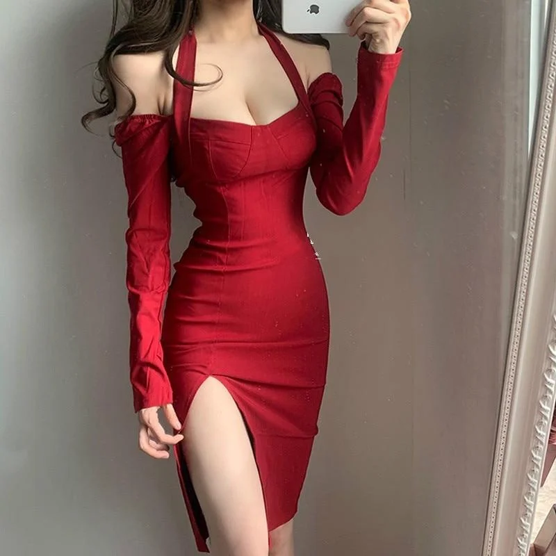 BACK TO COLLEGE WOMENGAGA French Slash Neck Strapless  Split Slim Big Hip Long Sleeve Party Bodycon Dress Women Dresses Clothes Vintage 365T