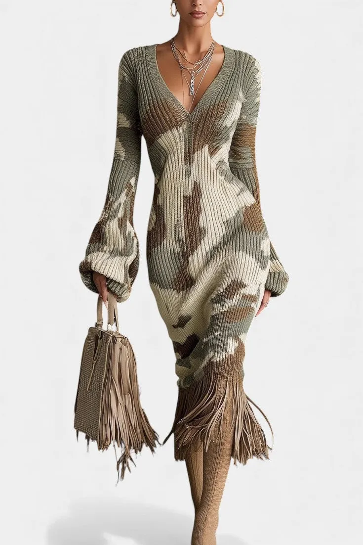 Camo Textured V-Neck Midi Dress with Fringe Sleeves
