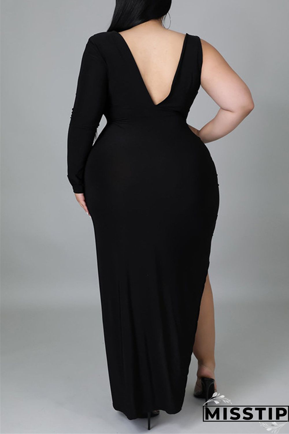 Black Fashion Casual Solid Hollowed Out Slit V Neck Long Sleeve Plus Size Dresses