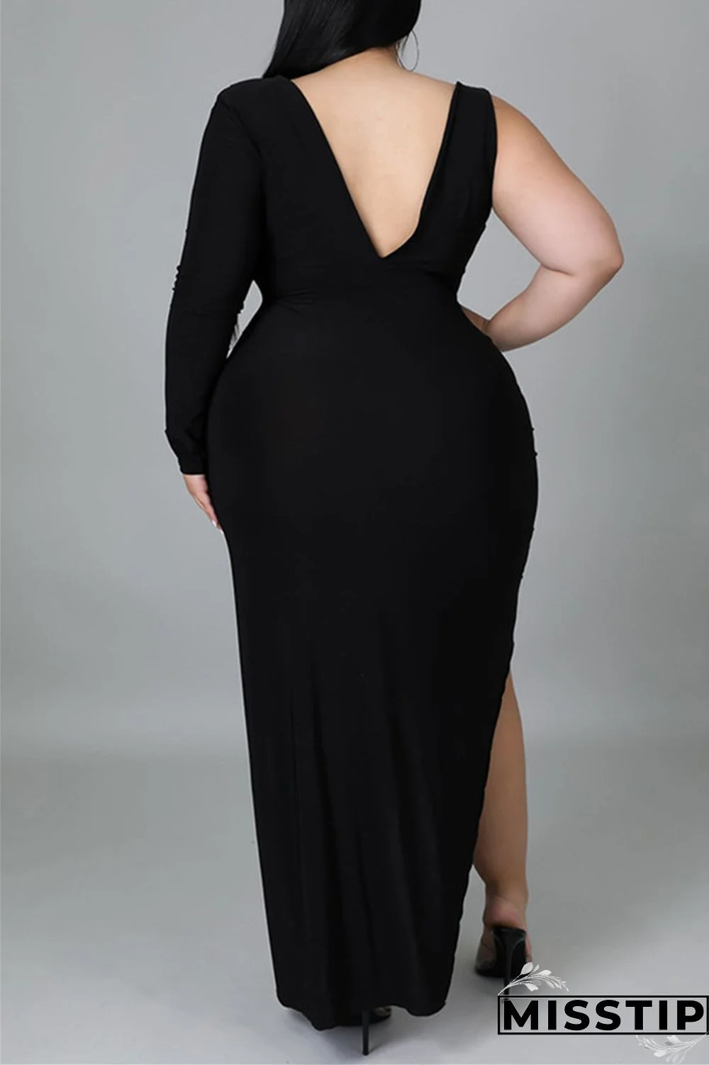 Black Fashion Casual Solid Hollowed Out Slit V Neck Long Sleeve Plus Size Dresses