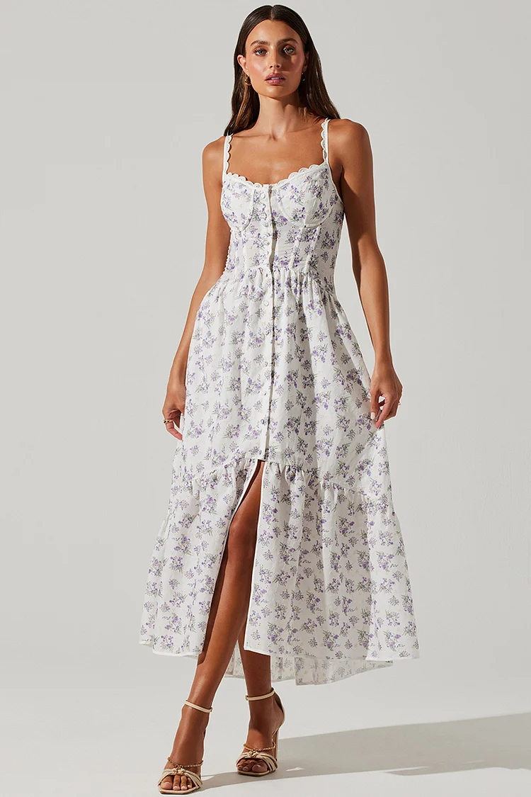 Square Neck Ditsy Floral Print Slit Corset Midi Dresses-White [Pre Order]