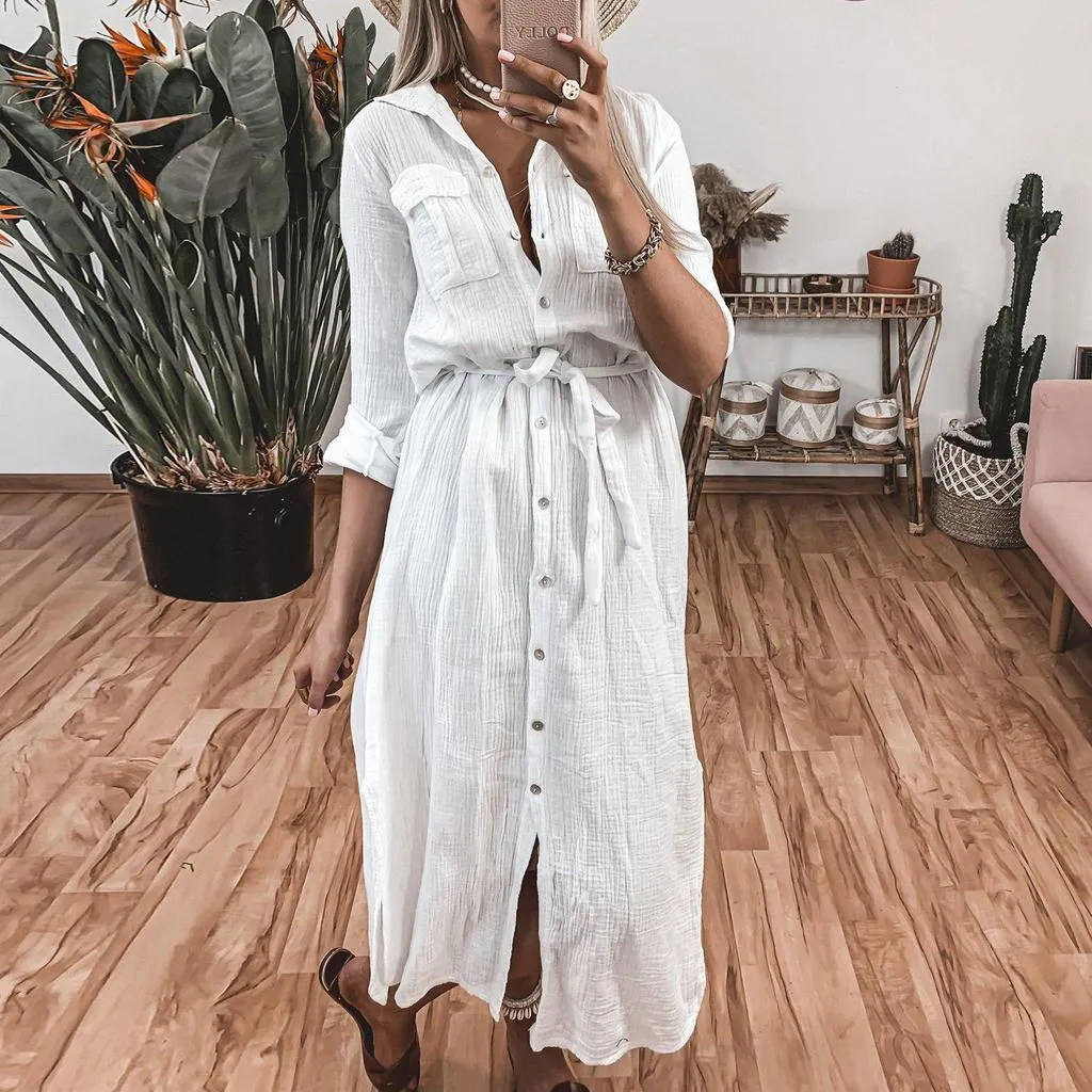 Classy 3/4 Sleeve Plain Maxi Dress With Belt-vocosishoes