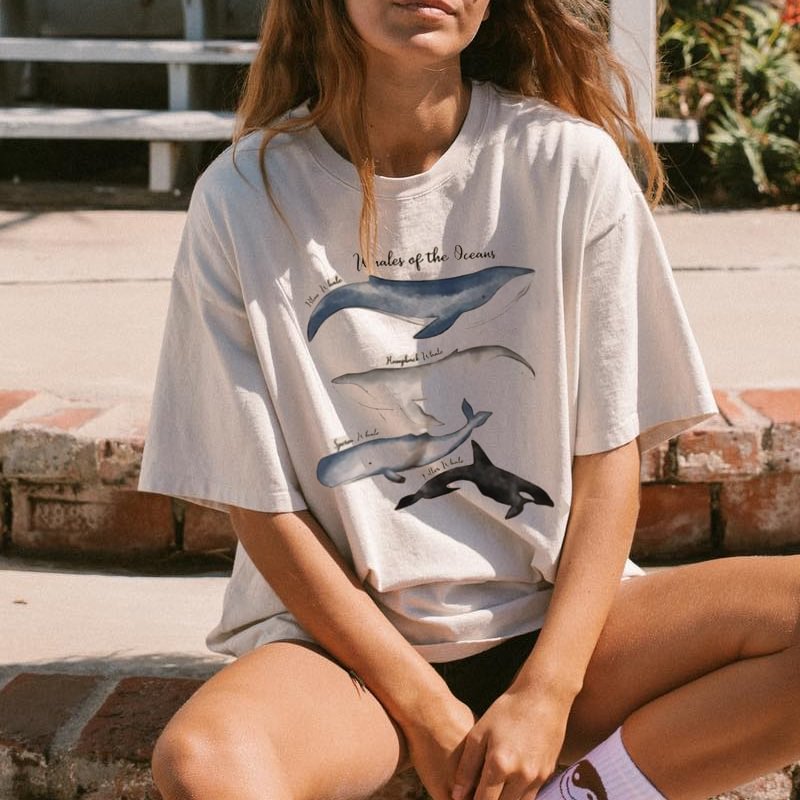 Summer Retro Surf Marine Life Printed Casual Tee