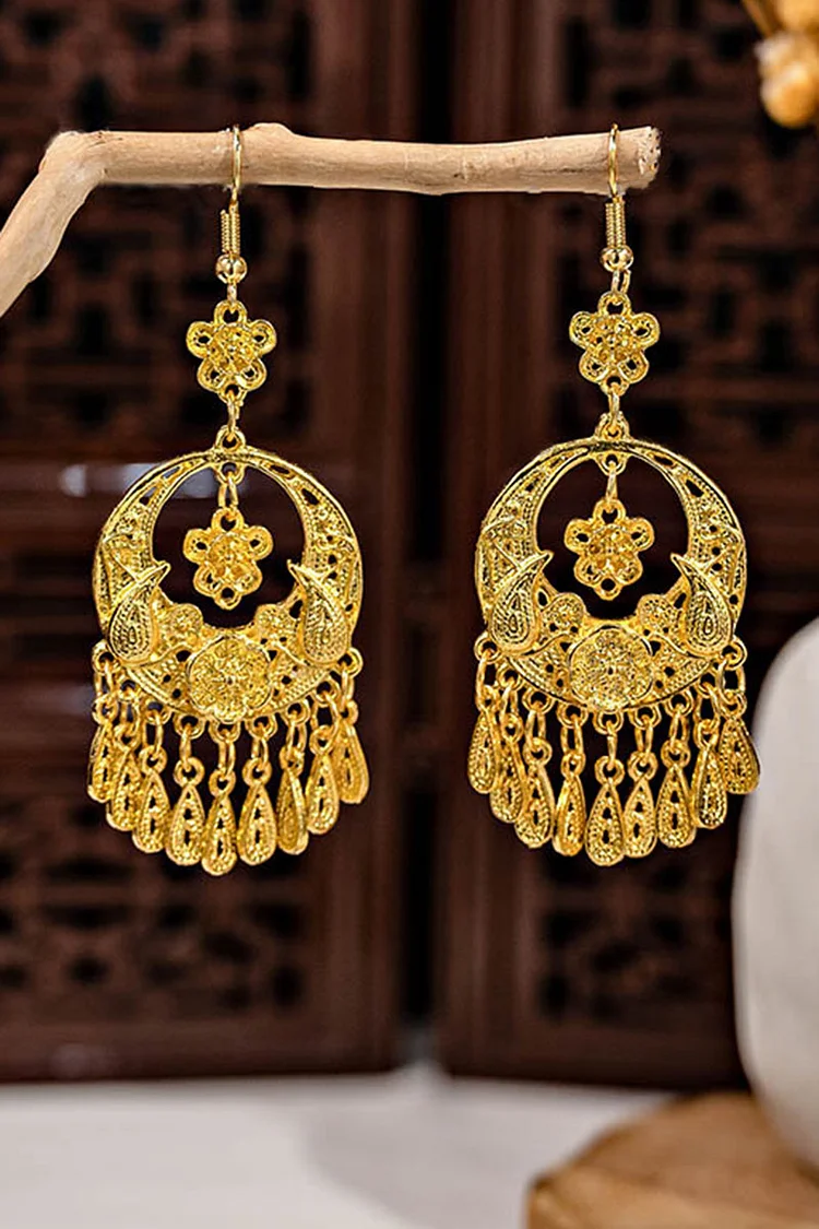 Tribal Pattern Textured Chain Fringe Hollow Out Alloy Dangle Earrings