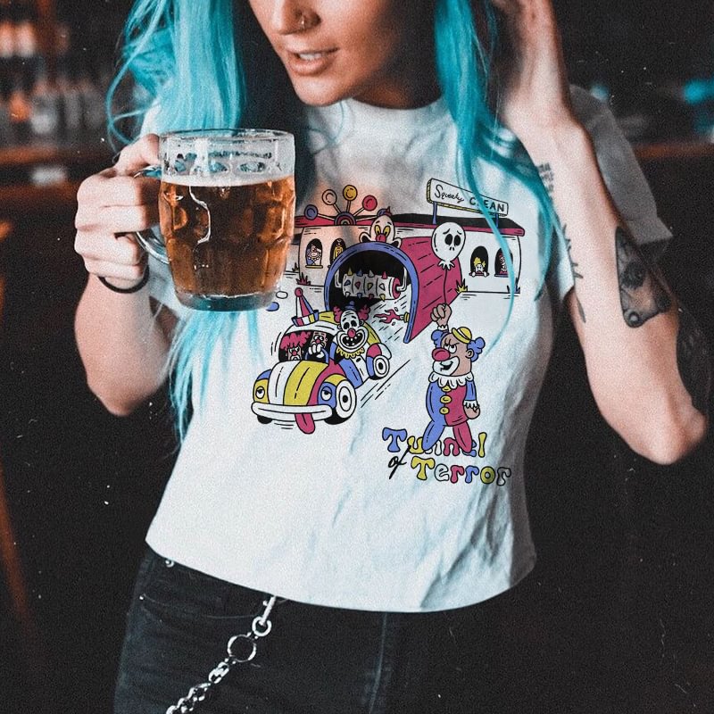 Tunnel Terrors Clown Print Halloween Trendy T-shirt - Krazyskull
