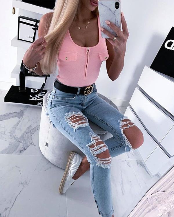 Women Sexy Zipper Skinny Tank Top Vest Sleeveless Girls Summer 2020 Fashion Tight Top
