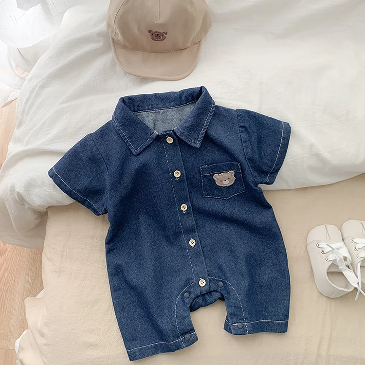 Baby Boy Polo Collar Embrioderied Bear Front Botton Up Denim Short Sleeve Romper