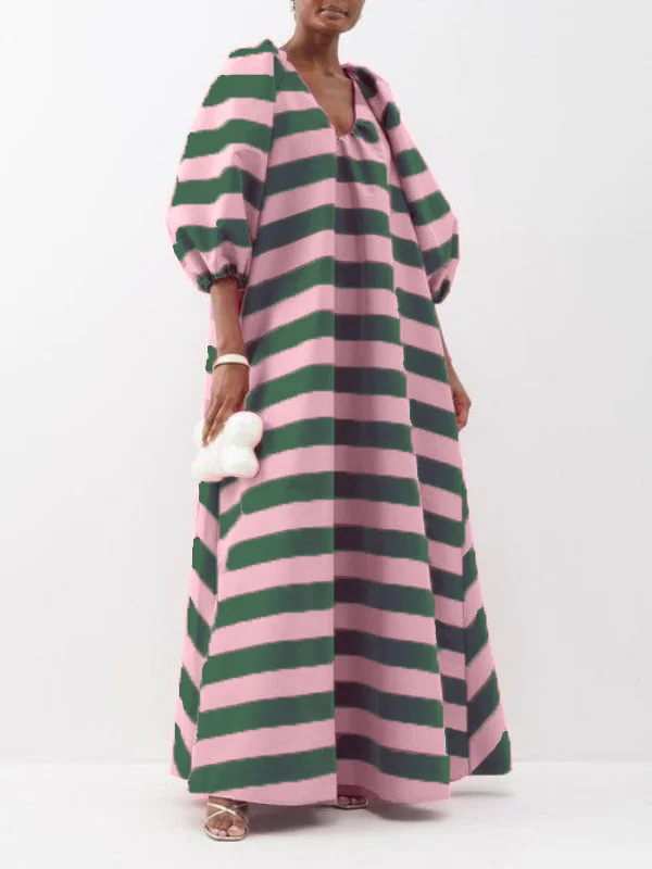 Elegant Striped Puff Sleeve Maxi Dress