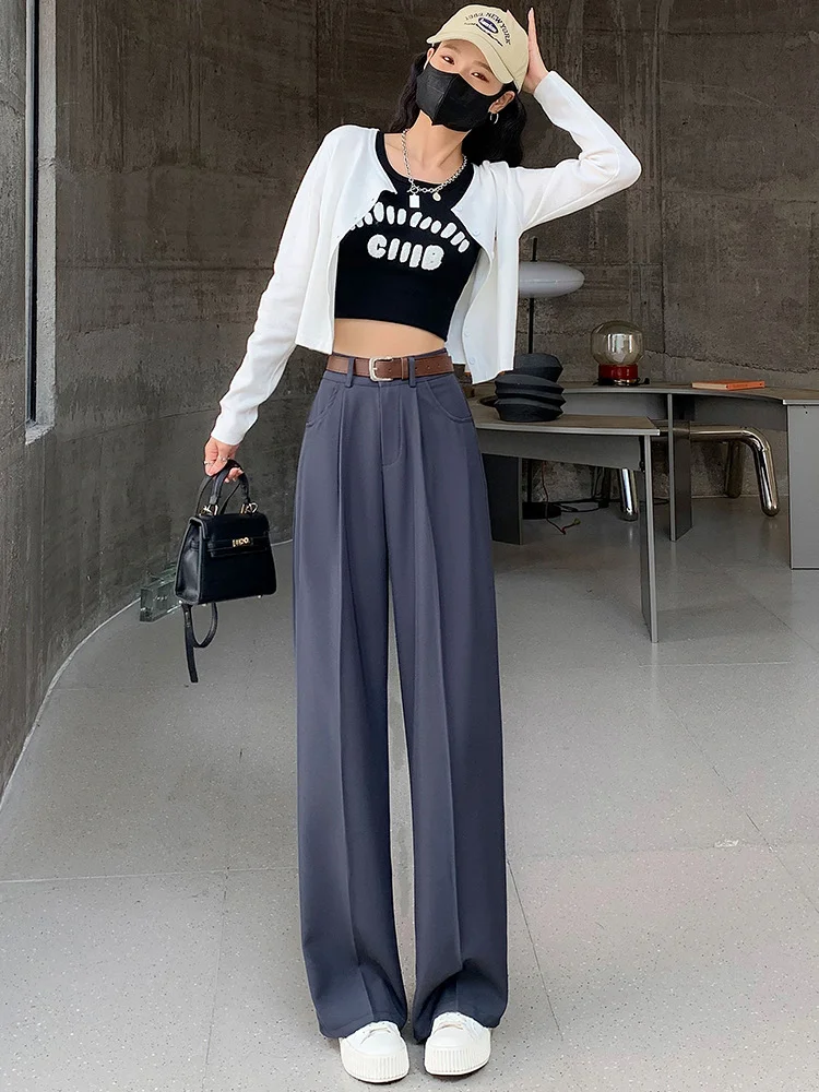 Toloer Narrow Version Wide Leg Pants Female Spring And Summer 2024 New High Waist Hanging Feeling Straight Tube Small Senior Sense Pressure Pleated Suit Pants-Outfit Ideas