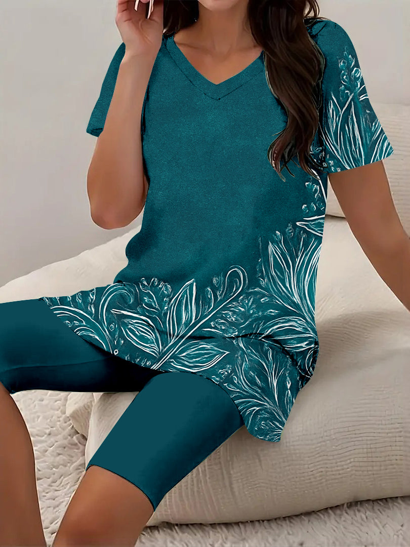 Women Long Sleeve V-neck Graphic Floral Printed Top