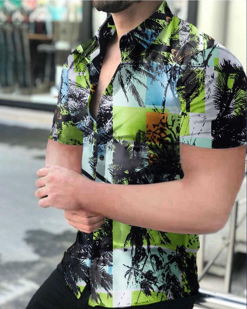 Men's Plant Printed Casual Shirt Short Sleeve
