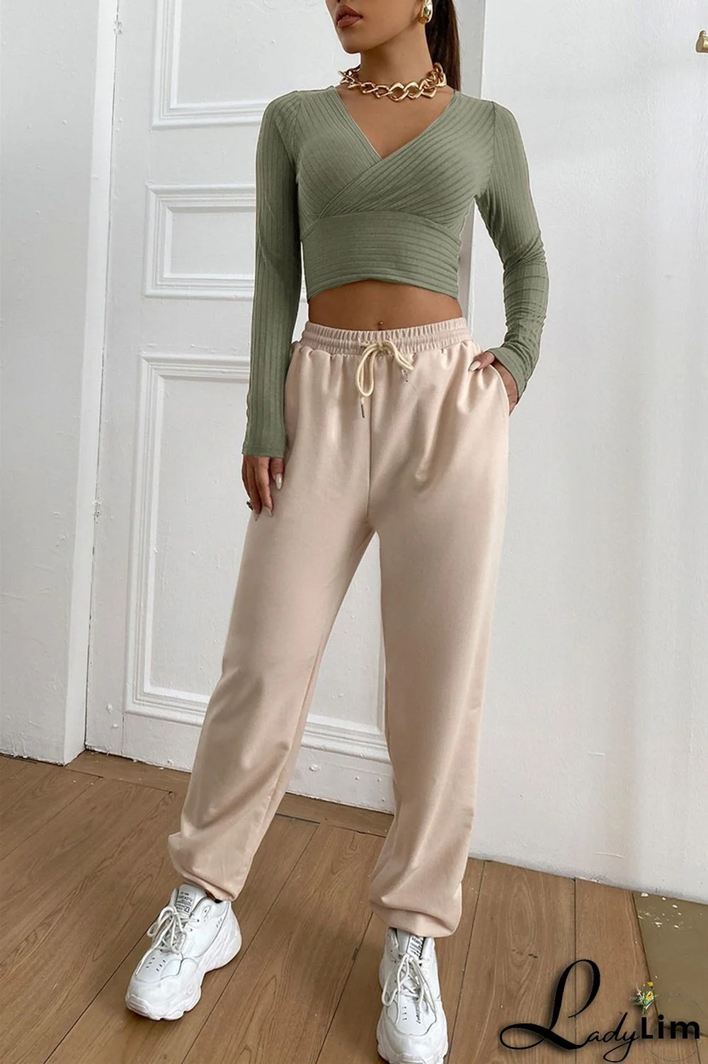 Green Fashion Casual Solid Patchwork V Neck Tops