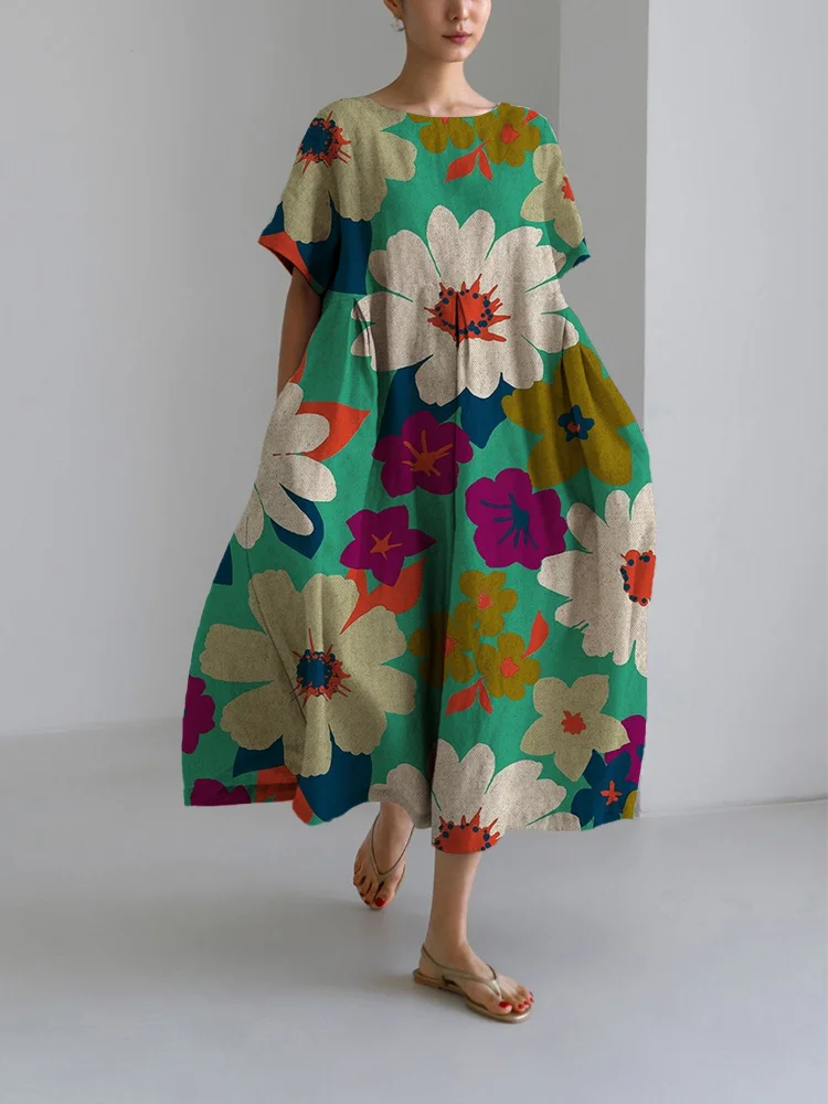 Women's Colorful Floral Loose Round Neck Medium Length Skirt Dress
