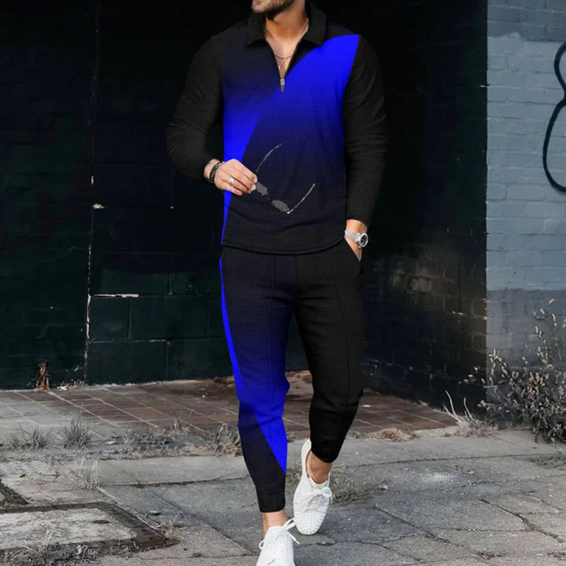 Men's Wave Gradient Polo Shirt And Pants Two Piece Set