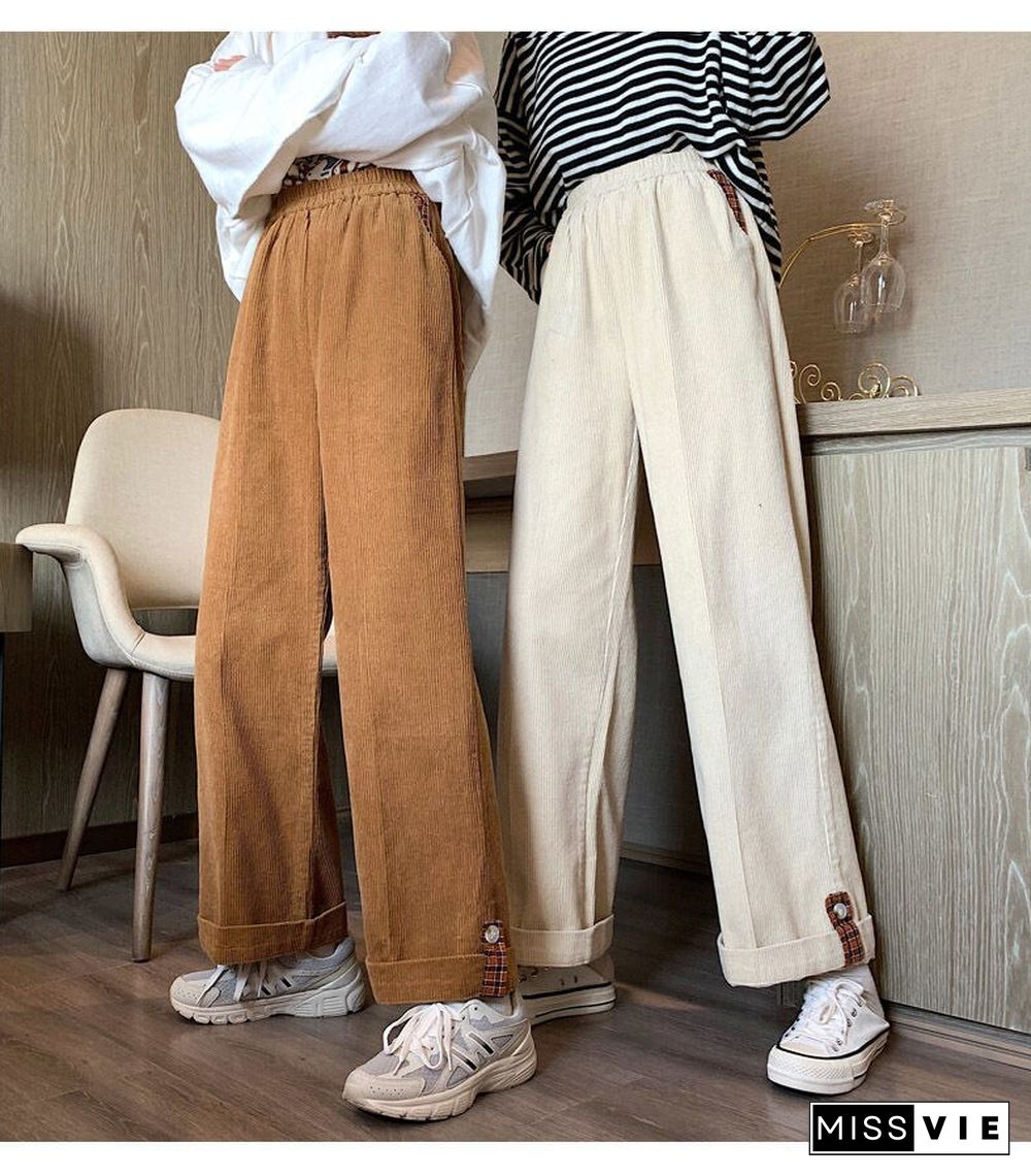Vintage Baggy Corduroy Pants Women Korean Elastic Waist Straight Trousers Female Wide Leg Solid Pockets Pants Spring Autumn New
