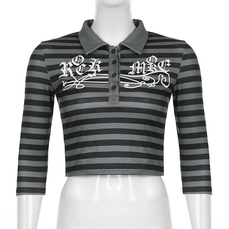Sweetown Goth Print Tops Stripe Cute Y2K T-Shirts Dark Academia Techwear Button Up V Neck Half Sleeve Sweat Shirts Grunge Tees