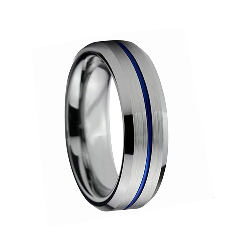 6MM 8MM Silver Brushed Tungsten Ring Blue Grooved Mens Wedding Band