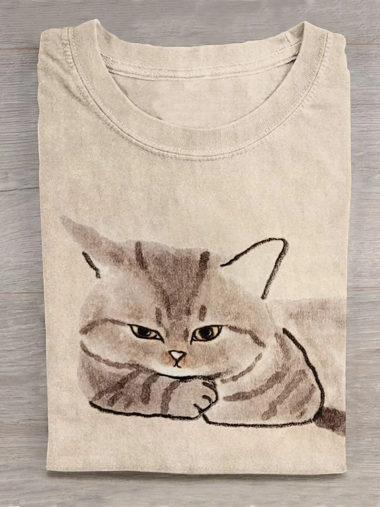 Funny Cat Art Print Casual T-shirt