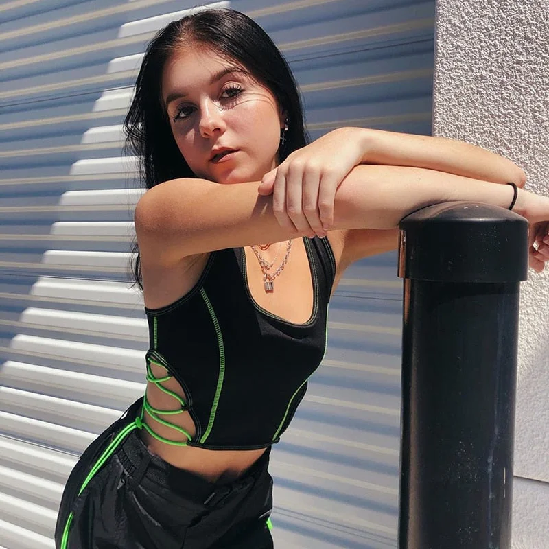 HEYounGIRL Neon Thread Tie Up Sleeveless Tank Tops Tees Harajuku Punk Black Crop Top Women Casual Fitness Workout Croptop Summer