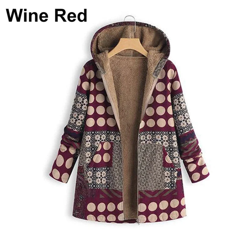 Women's Vintage Ethnic Coats Winter Printed Pockets Hooded Zipper Jackets Full Sleeve Casual Plus Size Plush Parkas Coats