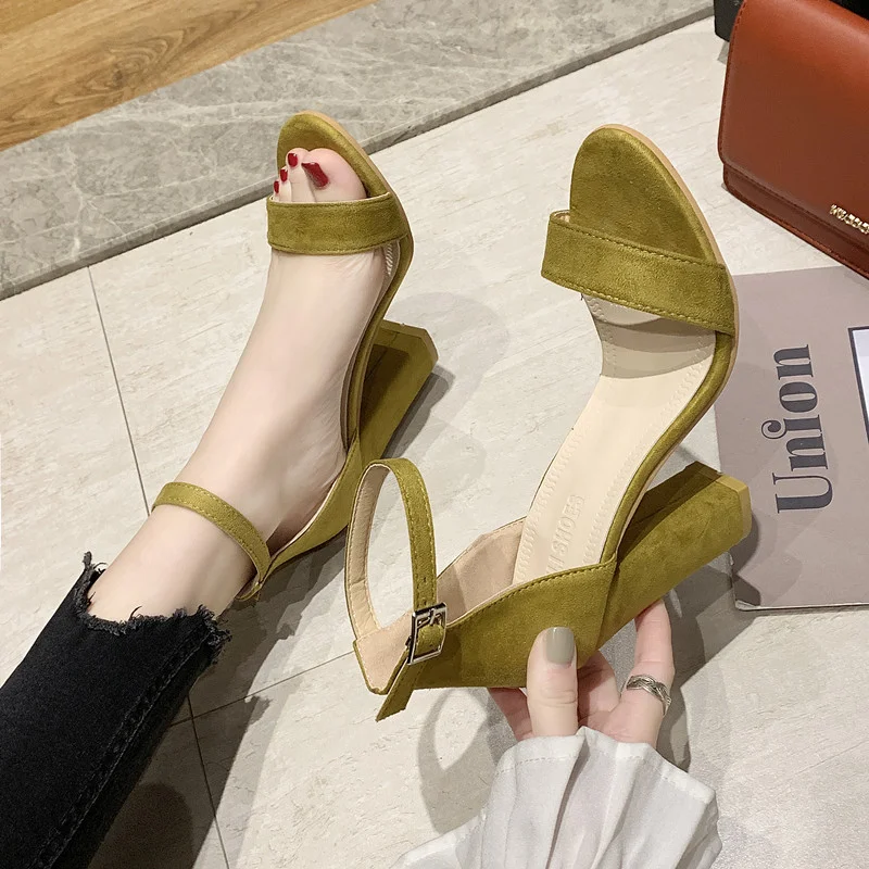 Canrulo High Heeled Sandals Women Large Size 34-43 Fashion Summers Shoes Open-toe Ankle Buckle Solid Heels Sandals Casual Sandalias