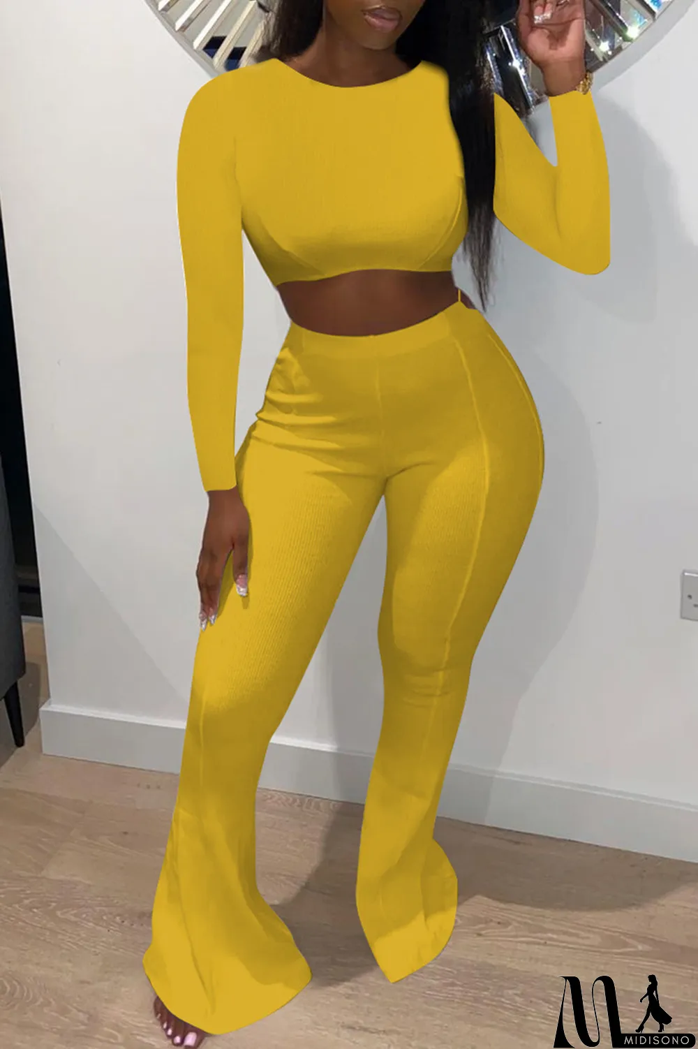 MidiSono - Red Fashion Casual Solid Basic O Neck Long Sleeve Two Pieces