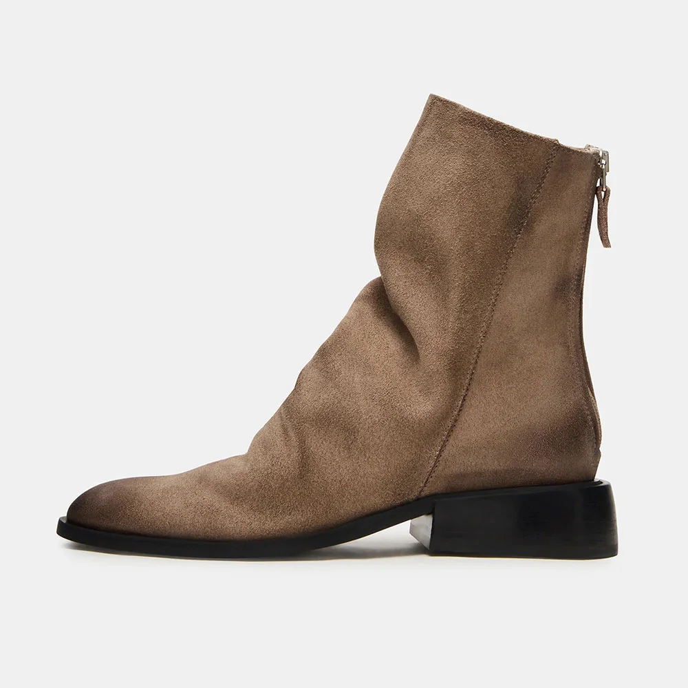 Taupe Vegan Suede Closed Toe Chunky Heel Back Zipper Booties for Women