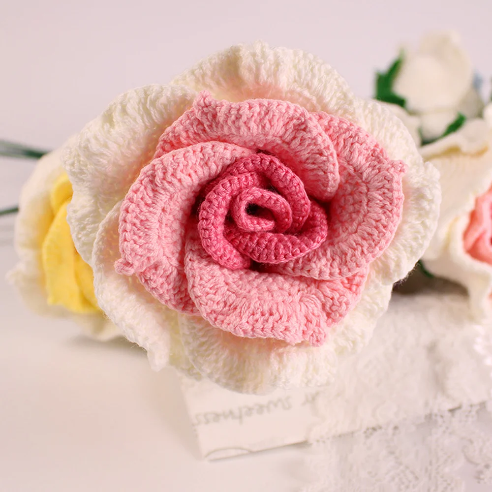 Handmade crochet wool weaving gradient rose home decoration simulation flower