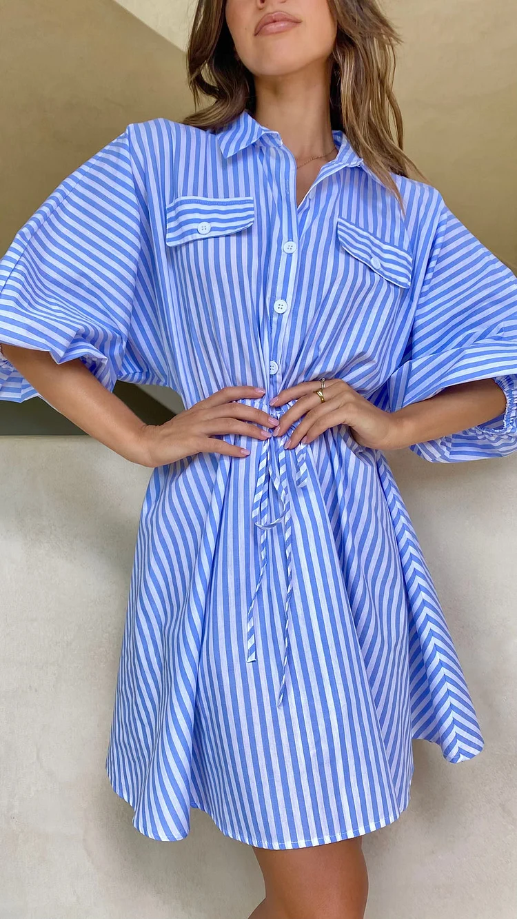 Shirt Style Blue Stripe Mini Dresses