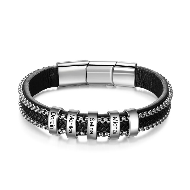 Engraved 4 Names Slide Leather Bracelet for Him