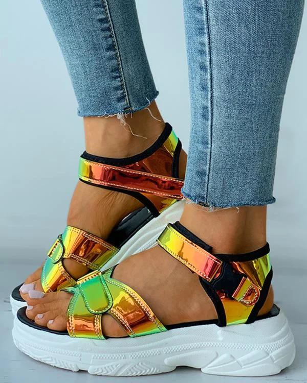 Colorblock Cutout Velcro Flatform Sandals
