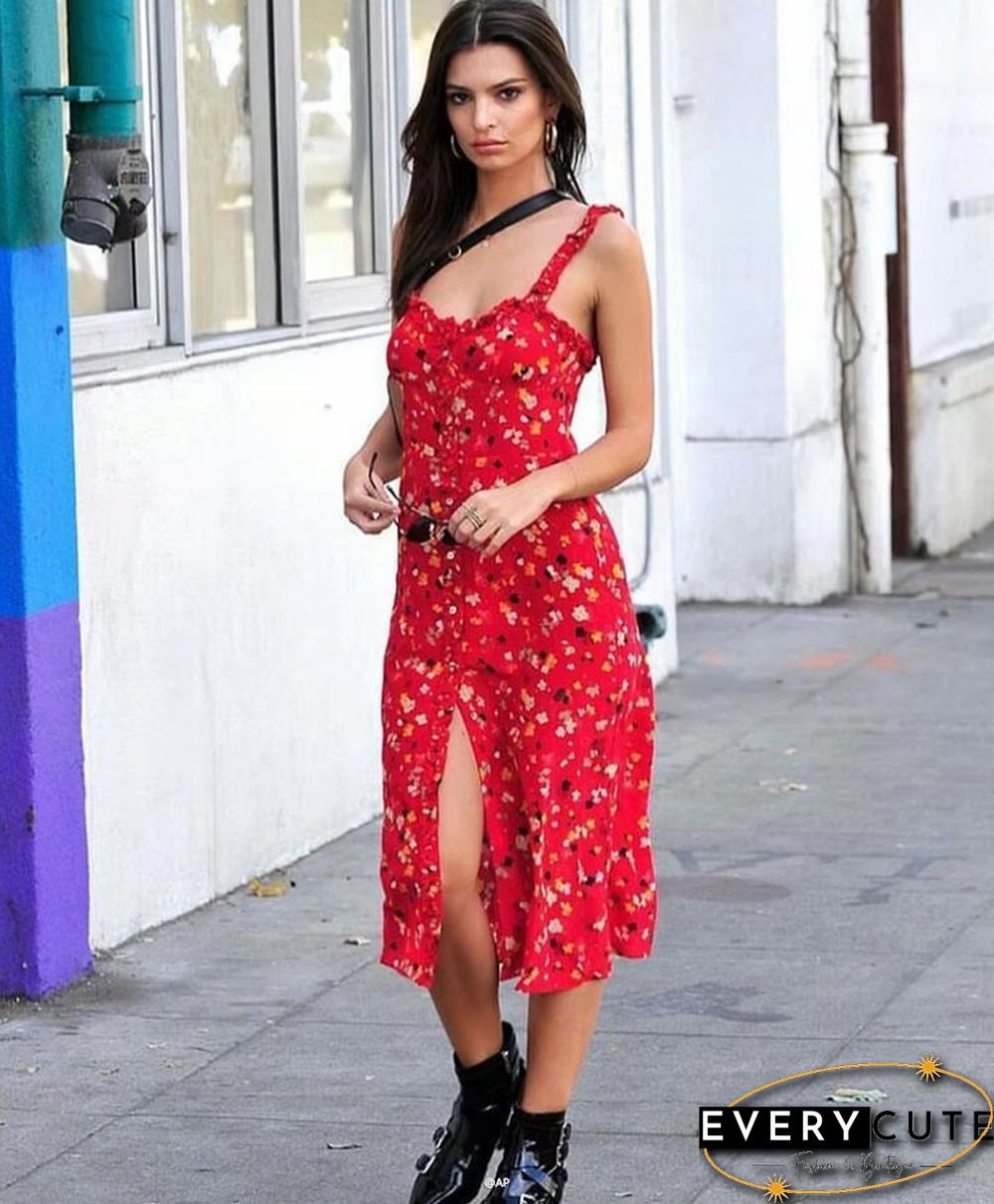 Casual Corset Red Fleur Floral Ruffle Strap Button Up Floral Dress
