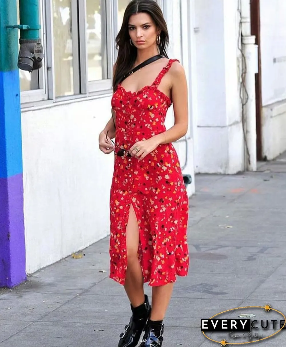 Casual Corset Red Fleur Floral Ruffle Strap Button Up Floral Dress