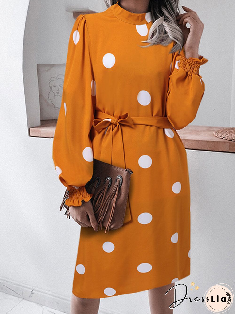 Dot Print Puff Long Sleeve Shirred Stand Collar Dress With Belt