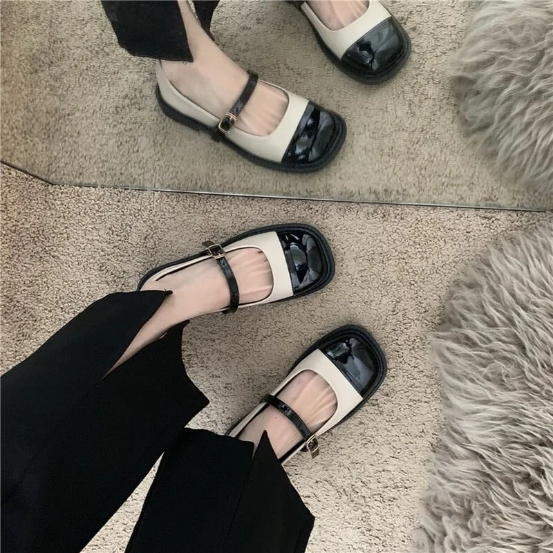 Tanguoant Women's Single Shoes Casual Flats Vintage Buckle Mary Jane Shoes 2022 Fall Pump School Shoes Black Beige Zapatillas Mujer