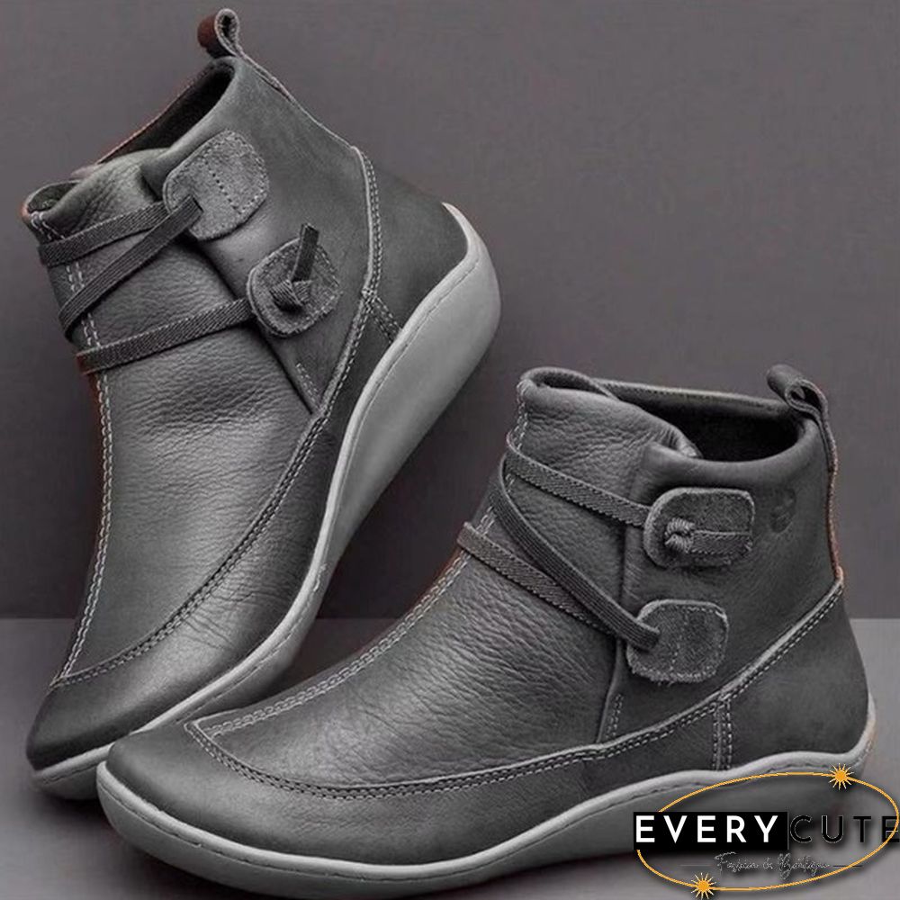 New Fashion Womens Medieval Vintage Leather Boots Braided Strap Flat Heel All Season