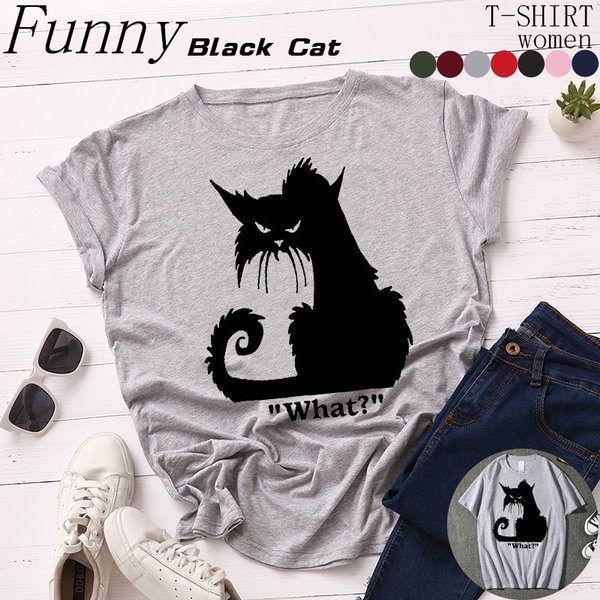 Women O-neck FUNNY Black Cat Print T-Shirt Cotton Casual Graphic Tees WOMEN's Clothing S-3XL - BlackFridayBuys