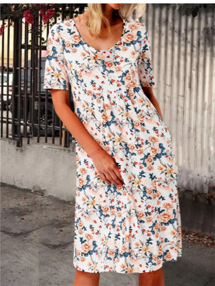Women's Short Sleeve Scoop Neck Floral Printed Pockets Midi Dress