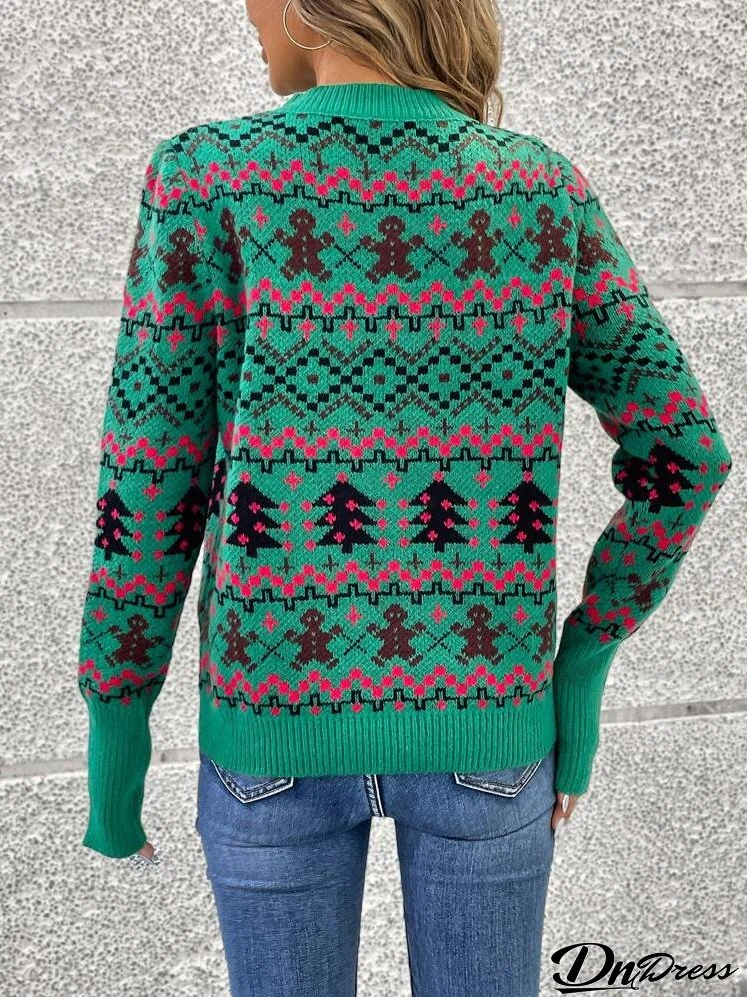 Women's Christmas Tree & Gingerbread Man Pattern Sweater