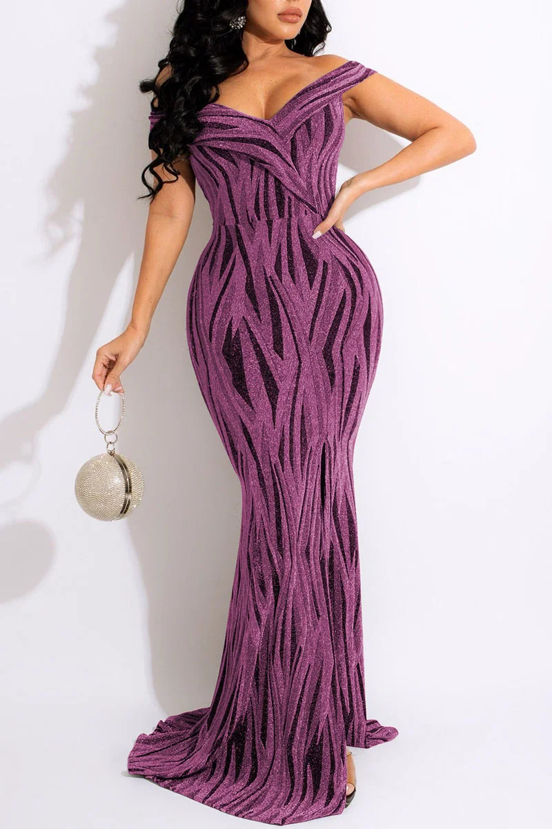 Purple Sexy Patchwork Off the Shoulder Off The Shoulder Dresses | EGEMISS