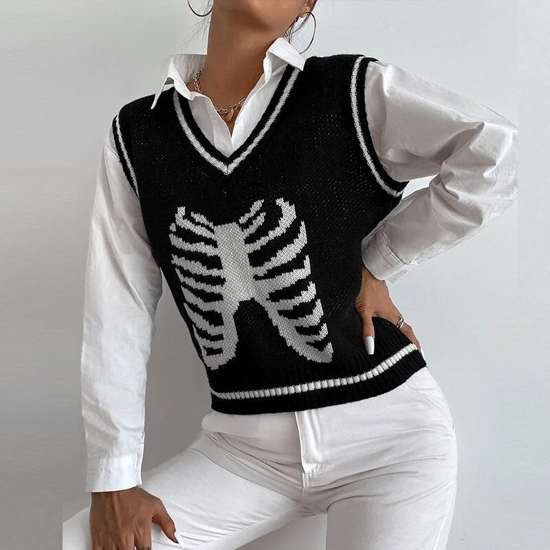 Women V Neck Skull Printed Vest Casual Loose Sleeveless Sweater Tops 2021 Autumn Female Splicing Kintted Short Vest